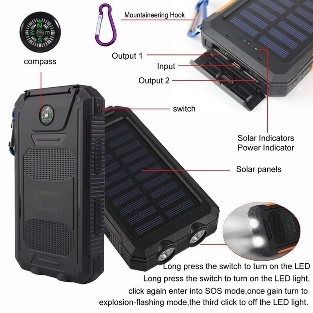 Solar Power Bank Waterproof 2USB LED Battery Charger For Cell Phone 1O000000mAh