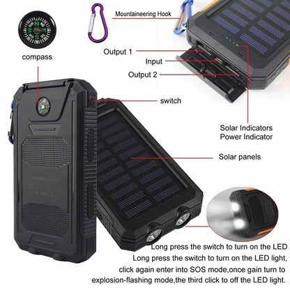 Solar Power Bank Waterproof 2USB LED Battery Charger For Cell Phone 1O000000mAh