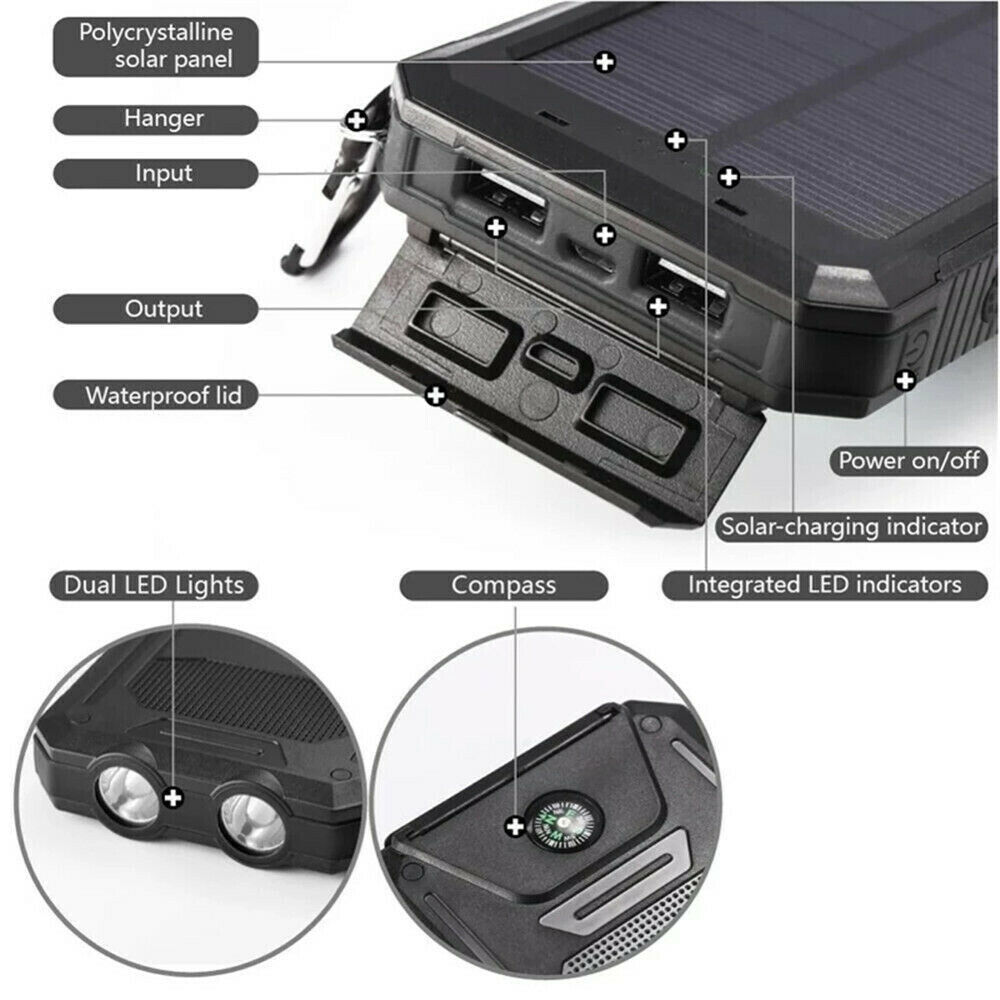 Solar Power Bank Waterproof 2USB LED Battery Charger For Cell Phone 1O000000mAh