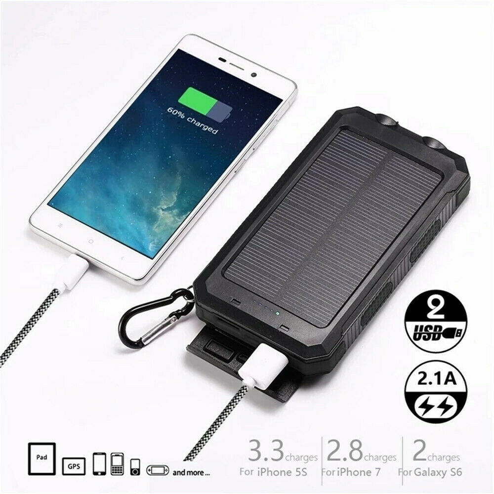 Solar Power Bank Waterproof 2USB LED Battery Charger For Cell Phone 1O000000mAh